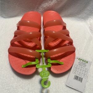 CROCS Coral Pink Women’s US 7 Strappy Slide Sandals Glossy Jelly Spring Beach